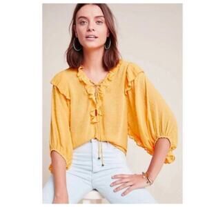 Anthropologie Yellow Swiss Dot Blouse with Ruffles Size S